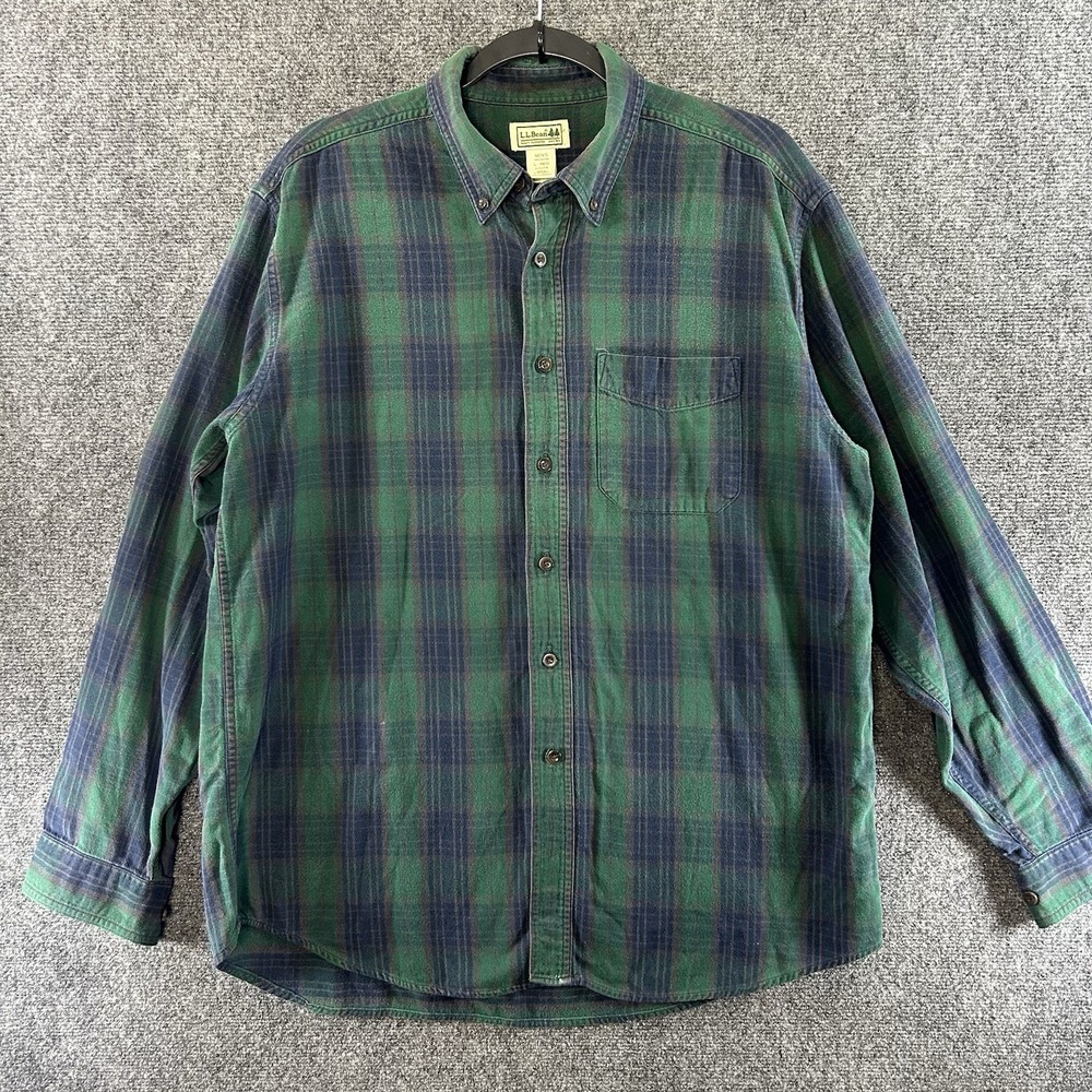 LL Bean Shirt Mens L Blue Green Tartan Plaid Flannel Button Down Outdoor Hiking